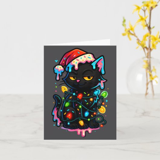 Black Cat Christmas Ice Cream Drip Santa Hat Cute  カード (黄色い花)