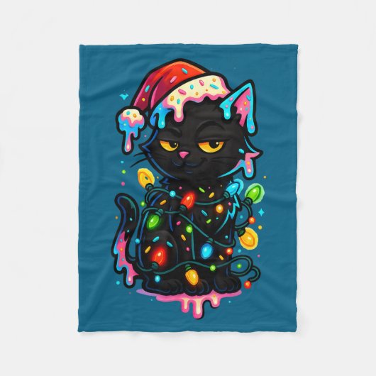Black Cat Christmas Ice Cream Drip Santa Hat Cute  フリースブランケット (正面)