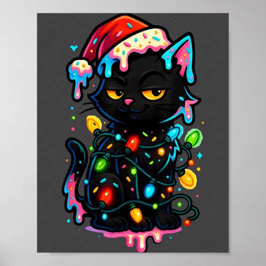 Black Cat Christmas Ice Cream Drip Santa Hat Cute  ポスター (正面)