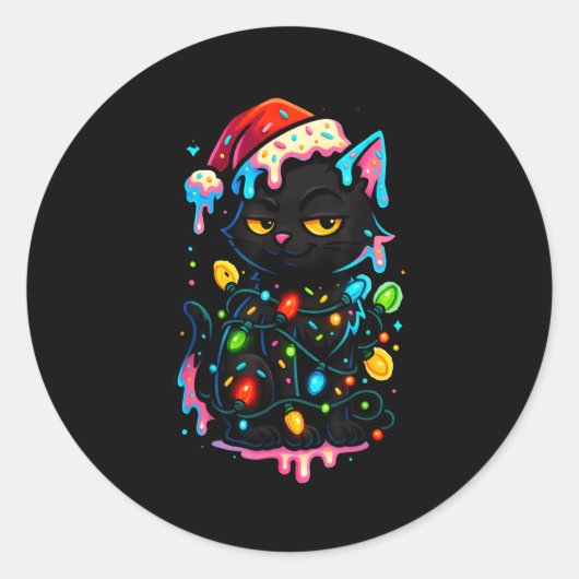 Black Cat Christmas Ice Cream Drip Santa Hat Cute  ラウンドシール (正面)