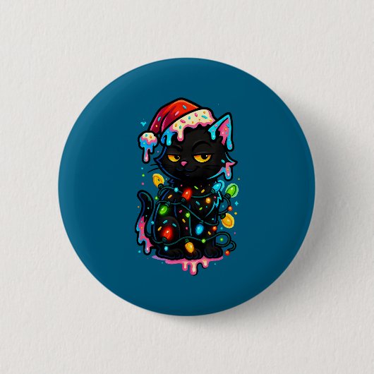 Black Cat Christmas Ice Cream Drip Santa Hat Cute 缶バッジ (正面)