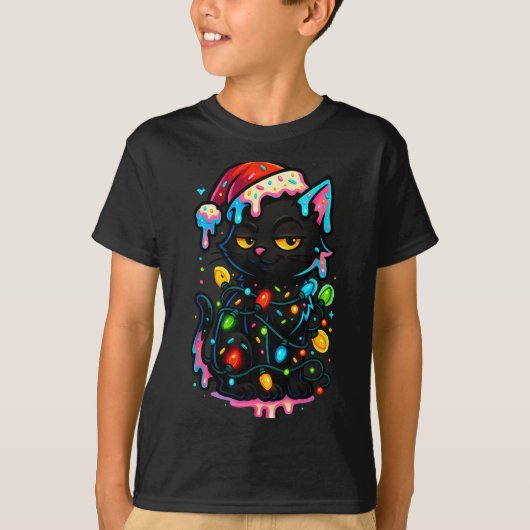 Black Cat Christmas Ice Cream Drip Santa Hat Cute  Tシャツ (正面)