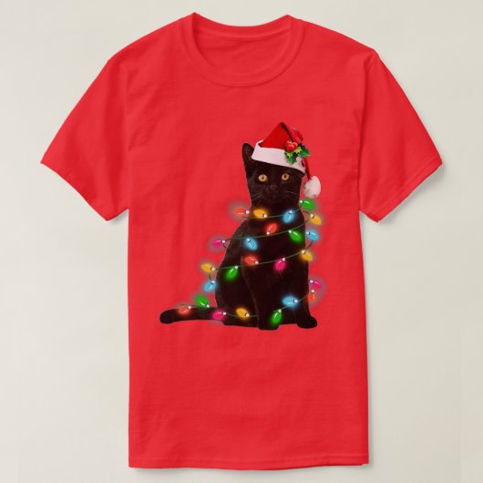 Black Cat christmas light t funny cat lover christ Tシャツ (デザイン正面)