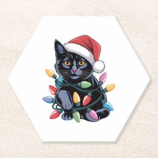 Black Cat Christmas Lights Funny Cat Lover ペーパーコースター (正面)