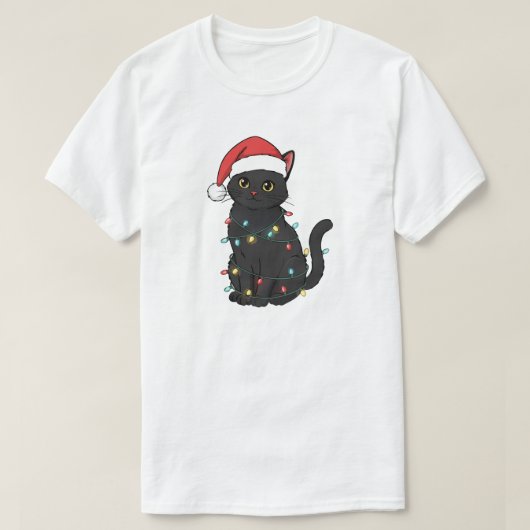 Black Cat Christmas Lights – Funny Santa Kitten  Tシャツ (デザイン正面)