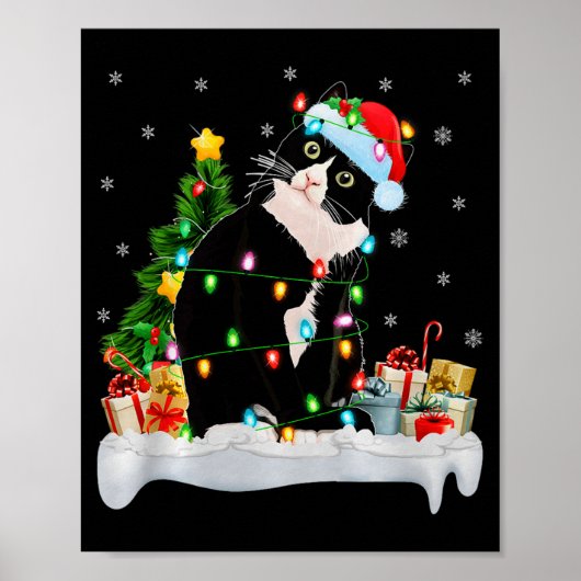 Black Cat Christmas Lights Santa Hat Black Cat Lov ポスター (正面)