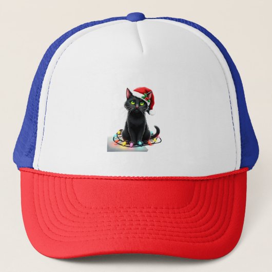 Black Cat Christmas Lights Santa Hat Funny Xmas Ca キャップ (正面)