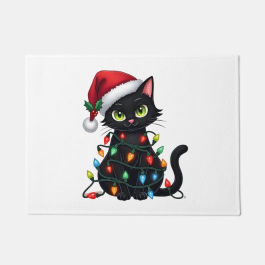 Black Cat Christmas Lights Santa Hat Funny Xmas Ca ドアマット (正面)