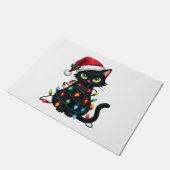 Black Cat Christmas Lights Santa Hat Funny Xmas Ca ドアマット (アングル)