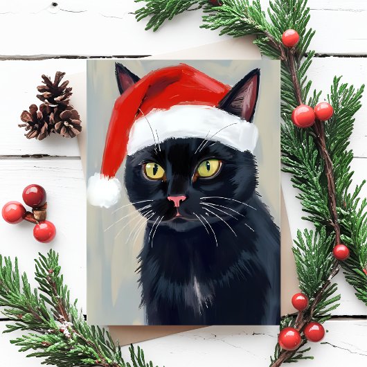 Black Cat Christmas Painting Santa Hat シーズンカード