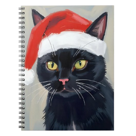 Black Cat | Christmas Painting Santa Hat ノートブック (正面)