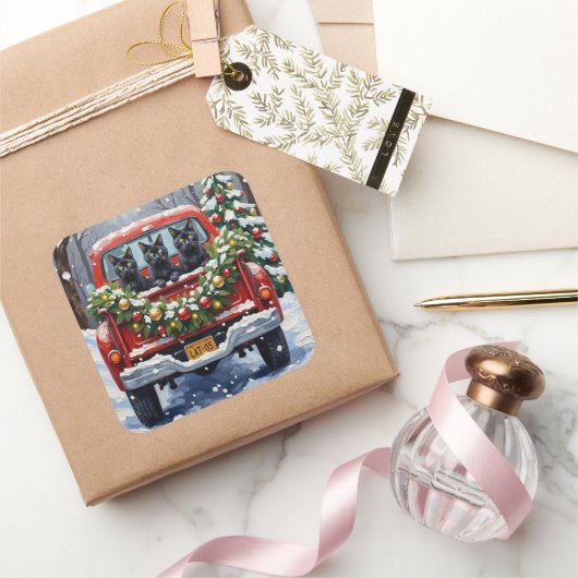 Black Cat Christmas Red Truck Holiday スクエアシール (ギフト)