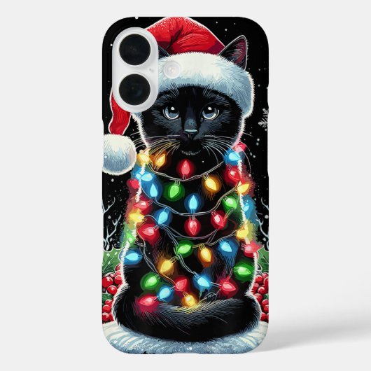 Black Cat Christmas Santa Hat Funny Meowy Cat Case-Mate iPhoneケース (裏面)