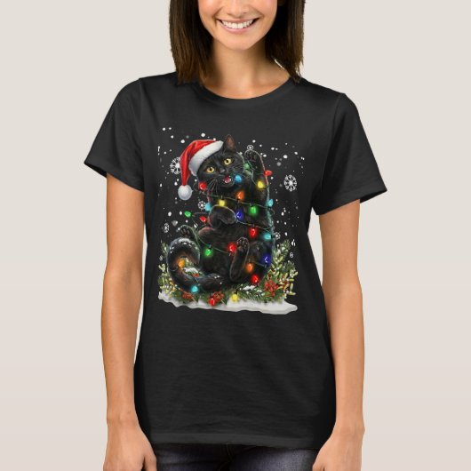 Black Cat Christmas Santa Hat Funny Meowy Catmas Tシャツ (正面)