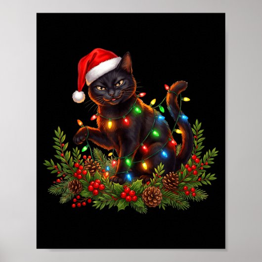 Black Cat Christmas Santa Hat Funny Meowy Cats Wom ポスター (正面)