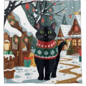 Black Cat Christmas Snow Holiday シャワーカーテン (正面)