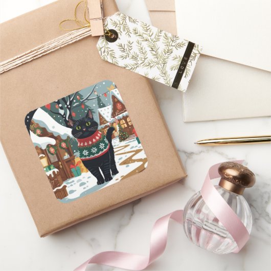 Black Cat Christmas Snow Holiday スクエアシール (ギフト)