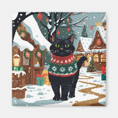 Black Cat Christmas Snow Holiday マグネット (正面)