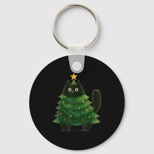 Black Cat Christmas Tree Cute Holiday Pet Lover De キーホルダー (正面)