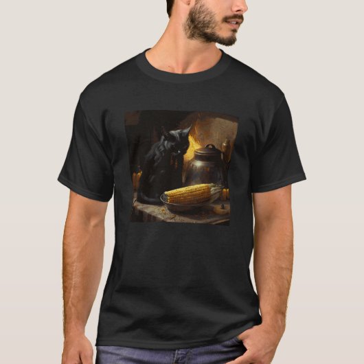 Black Cat Cooking Corn On The Cob Tシャツ (正面)