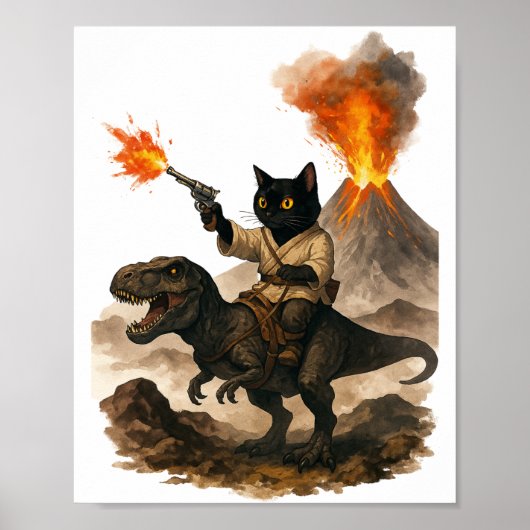Black Cat Cowboy Riding Dinosaur – Watercolor Ink  ポスター (正面)
