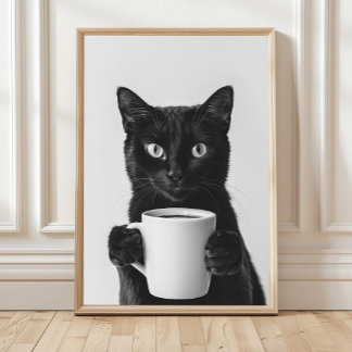 Black Cat Drinking Coffee Wall Art, Black and Whit ポスター