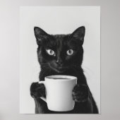Black Cat Drinking Coffee Wall Art, Black and Whit ポスター (正面)