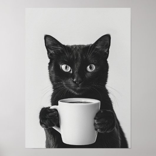 Black Cat Drinking Coffee Wall Art, Black and Whit ポスター (正面)