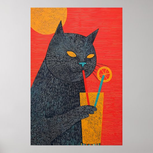 Black Cat Drinking Juice Art Print Quirky Giclée ポスター (正面)