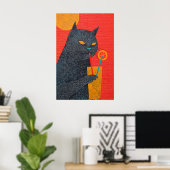 Black Cat Drinking Juice Art Print Quirky Giclée ポスター (ホームオフィス)