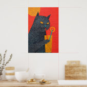 Black Cat Drinking Juice Art Print Quirky Giclée ポスター (キッチン)