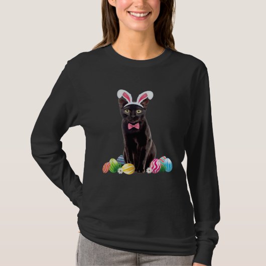 Black Cat Easter Day Bunny Eggs Costume Mens Women Tシャツ (正面)