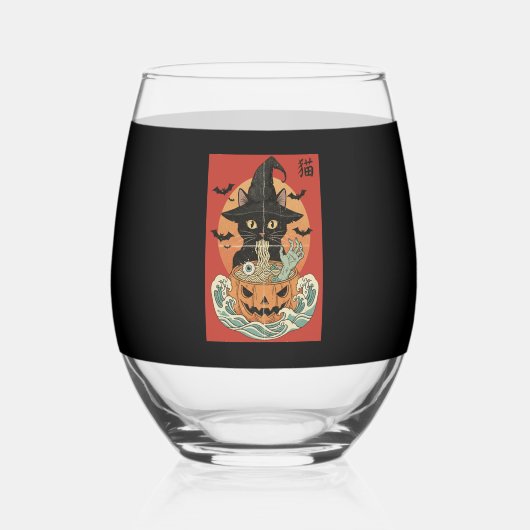 Black cat eats Japanese ramen for Halloween ステムなしワイングラス (正面)