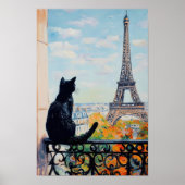 Black cat enjoying the view of the Eiffel Tower ポスター (正面)