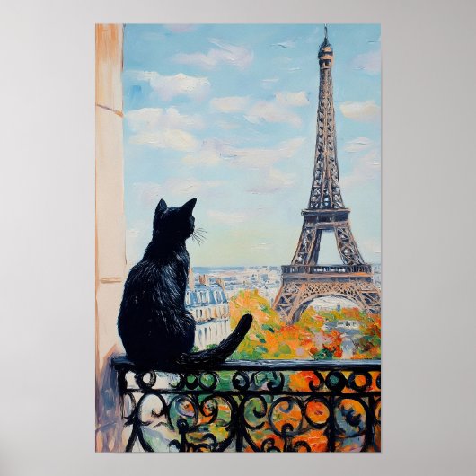 Black cat enjoying the view of the Eiffel Tower ポスター (正面)