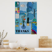 Black Cat & Flowers In Blue Room文字 ポスター (キッチン)