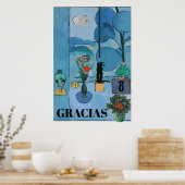 Black Cat & Flowers In Blue Room文字 ポスター (キッチン)