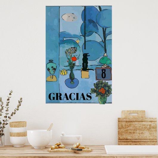 Black Cat & Flowers In Blue Room文字 ポスター (キッチン)