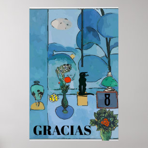 Black Cat & Flowers In Blue Room文字 ポスター