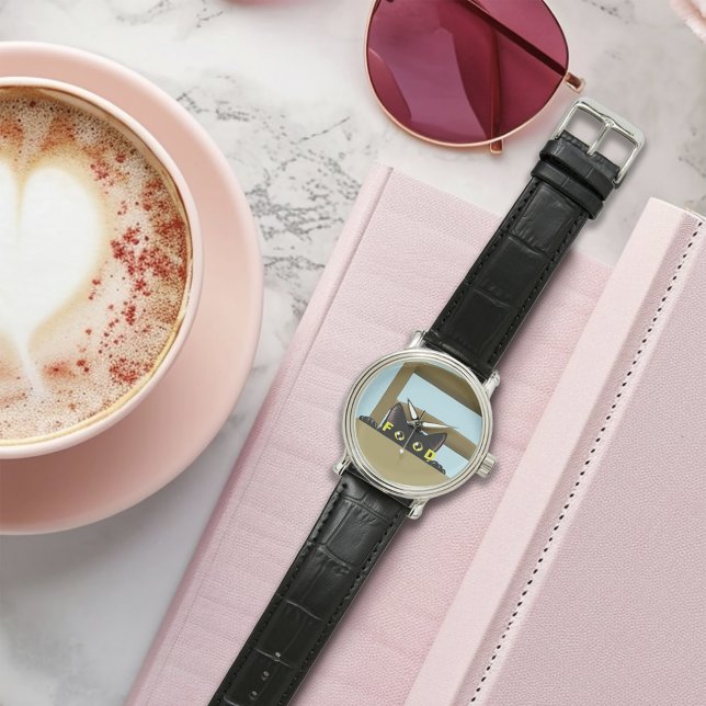 Black Cat Food Funny Hungry Kitty Humor 腕時計 (クリエイターアップロード済み)