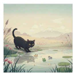  Black Cat & Frogs ポスター