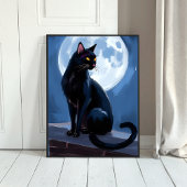 Black Cat | Full Moon Pet Painting Watercolor ポスター