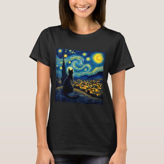 Black Cat Funny Cat Lover Mom Daddy Starry Night V Tシャツ (正面)