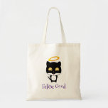 Black Cat Funny Pun With Halo - Feline Good トートバッグ<br><div class="desc">A tote bag with a cat-themed pun which says "Feline Good". Text also be changed / personalized with a name or other text. A cute black and white angel kitty cat with a golden halo above her head,  drawn in cartoon style.</div>