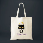 Black Cat Funny Pun With Halo - Feline Good トートバッグ<br><div class="desc">A tote bag with a cat-themed pun which says "Feline Good". Text also be changed / personalized with a name or other text. A cute black and white angel kitty cat with a golden halo above her head,  drawn in cartoon style.</div>