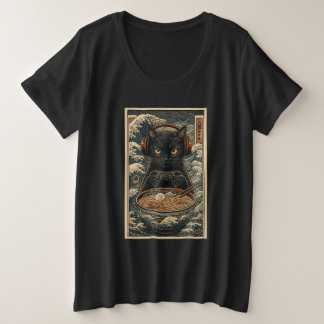 Black Cat Gamer with Ramen & Headphones Japanese A プラスサイズTシャツ
