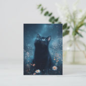 Black Cat Gazing at Blue Star Nebula Night Garden ポストカード (スタンド正面)