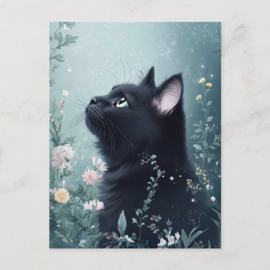 Black Cat Gazing Upward in Magical Flower Garden ポストカード (正面)
