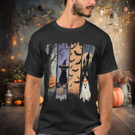 Black Cat, Ghost, Pumpkin, Bats & Haunted House Tシャツ