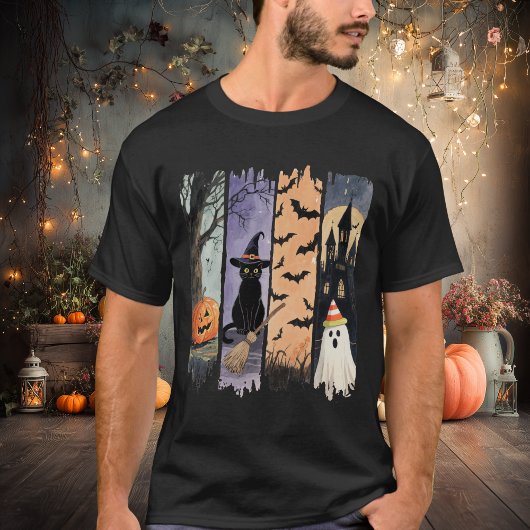 Black Cat, Ghost, Pumpkin, Bats & Haunted House Tシャツ